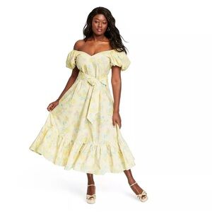 LoveShackFancy x Target Yellow Floral Tie Waist Ruffle Puff Sleeve Midi Dress